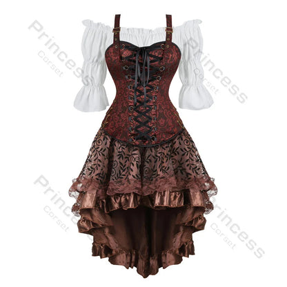 Women’s Pirate Corset Dress – Plus Size Brown Faux Leather Steampunk Costume with Off-Shoulder Blouse for Halloween Party Cosplay