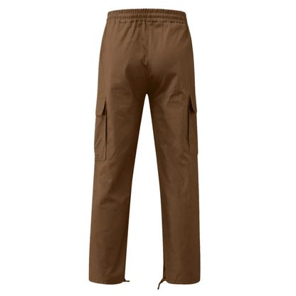 Men's Multi-pocket Cargo Pants – Solid Full-Length Trousers with Drawstring Pockets for Everyday Comfort