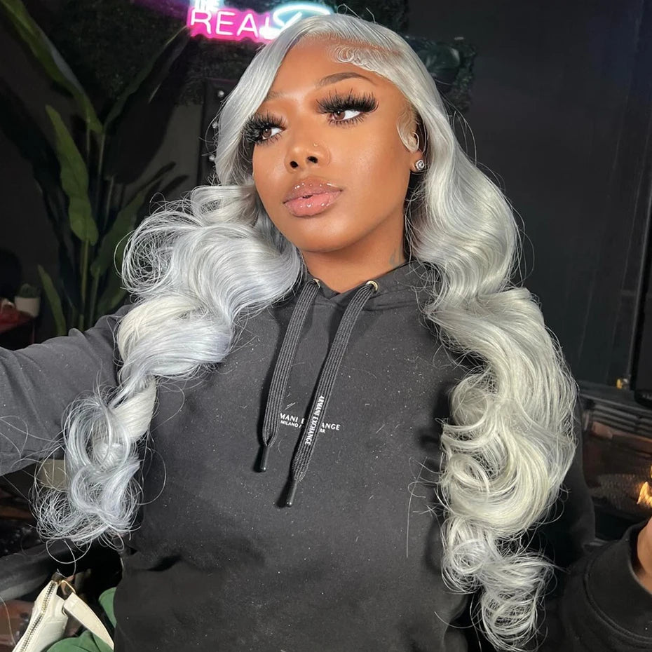 Silver Grey Lace Front Wig – 13 x 6 Pre-Plucked Human Hair Straight & Body Wave Blonde Wig for Women, Natural & Stylish Look