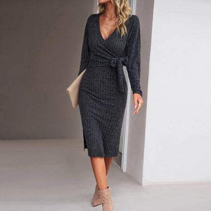 Sultry Lace-Up Bodycon Dress – Rib Knit Long Sleeve V-Neck for a Commuting Chic Look