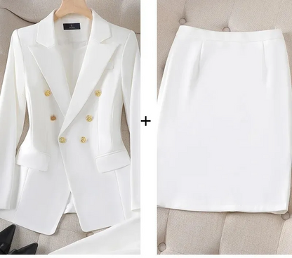 Women's Pant Suit – Double Breasted Business Blazer Set, Gold Buttons – Blazer, Pants or Skirt