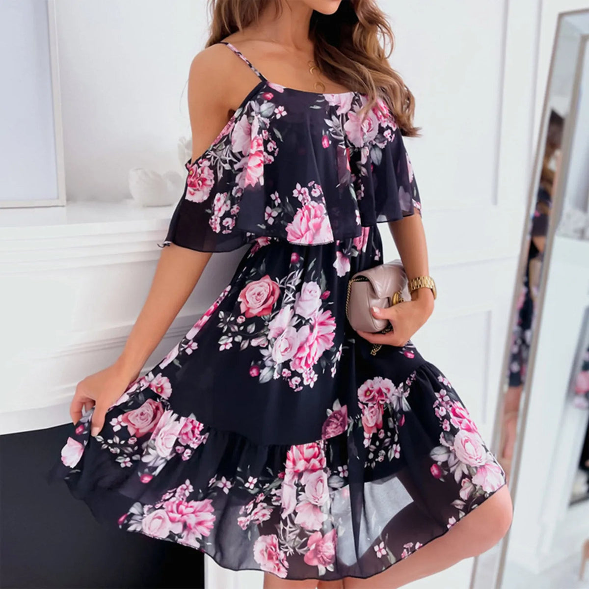 Ruffled Chiffon Summer Dress – Flower Printed, Shoulder Strap Style with European-Inspired Sexy Vibes for 2024 Chic