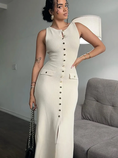 High Slit Knitted Maxi Dress for Women – Apricot Sleeveless Button Detail Bodycon Party Winter Dress