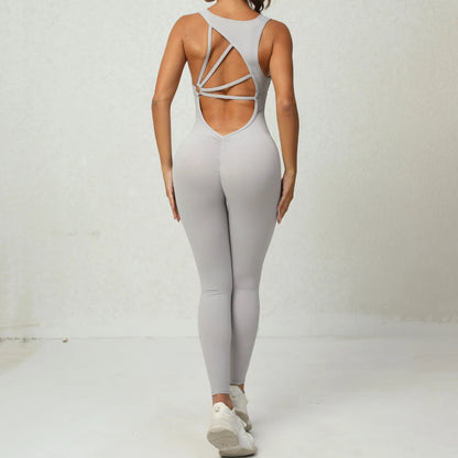 Sporty Sleeveless Women’s Fitness Jumpsuit – V-Shaped Back Design Jumpsuit, Gym-Ready Overalls Set for Yoga, Running & Workout in Bold Colors
