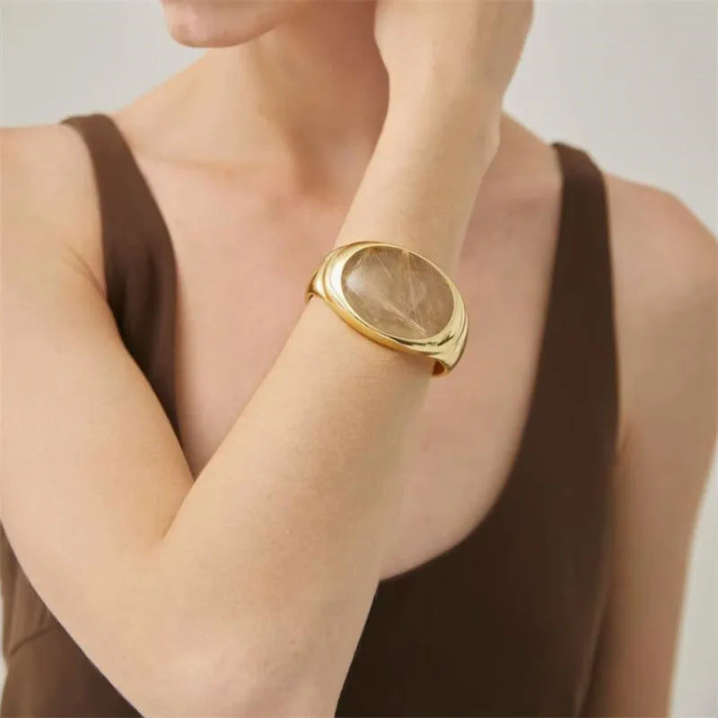 Natural Stone Open Bangle for Women – Elegant Brass Metal Bracelet for Light Luxury Fashion, Travel, and Party Accessories