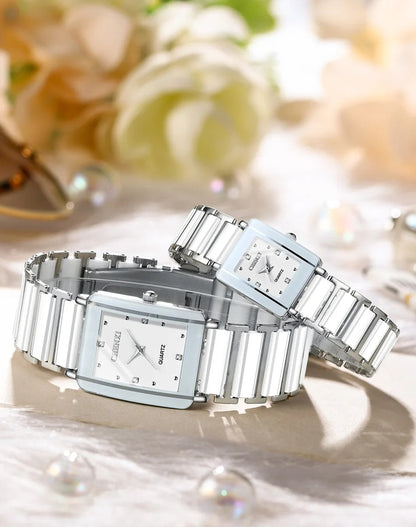 Square Shaped Luxury Couple Watches – 104A Waterproof Watch with Ceramic Strap Timepieces for Men and Women with Elegant Simulated-Ceramics Design