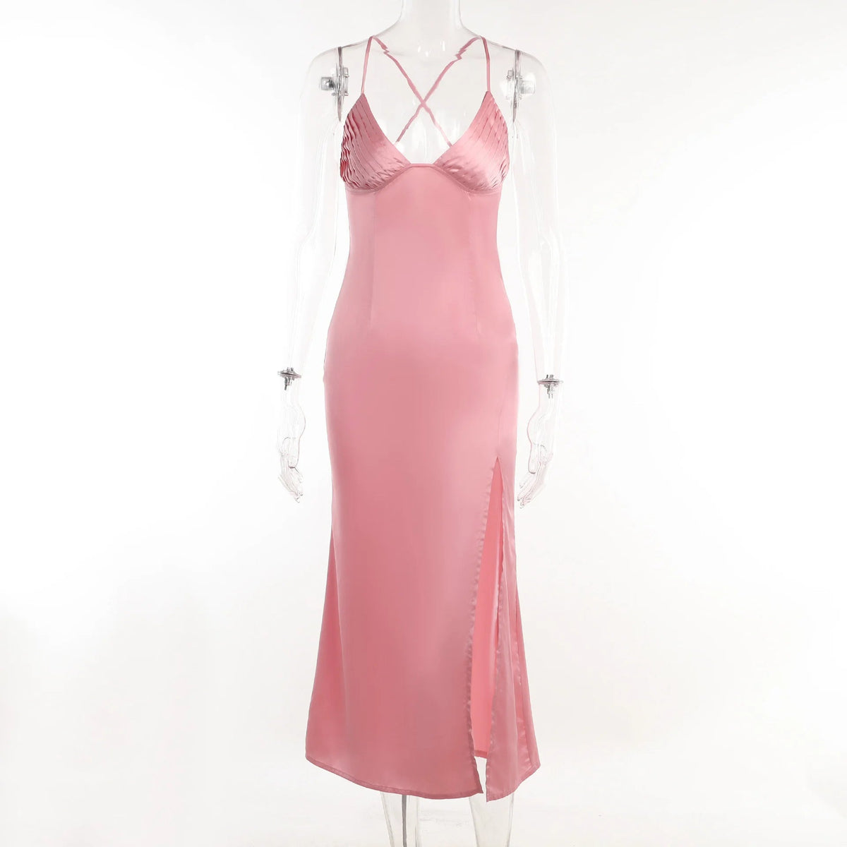 Backless Satin Slip Dress – Sexy Spaghetti Strap V-Neck Bodycon Maxi – High Slit Party Dress