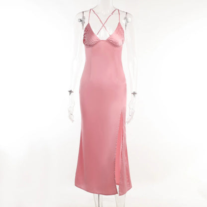 Backless Satin Slip Dress – Sexy Spaghetti Strap V-Neck Bodycon Maxi – High Slit Party Dress