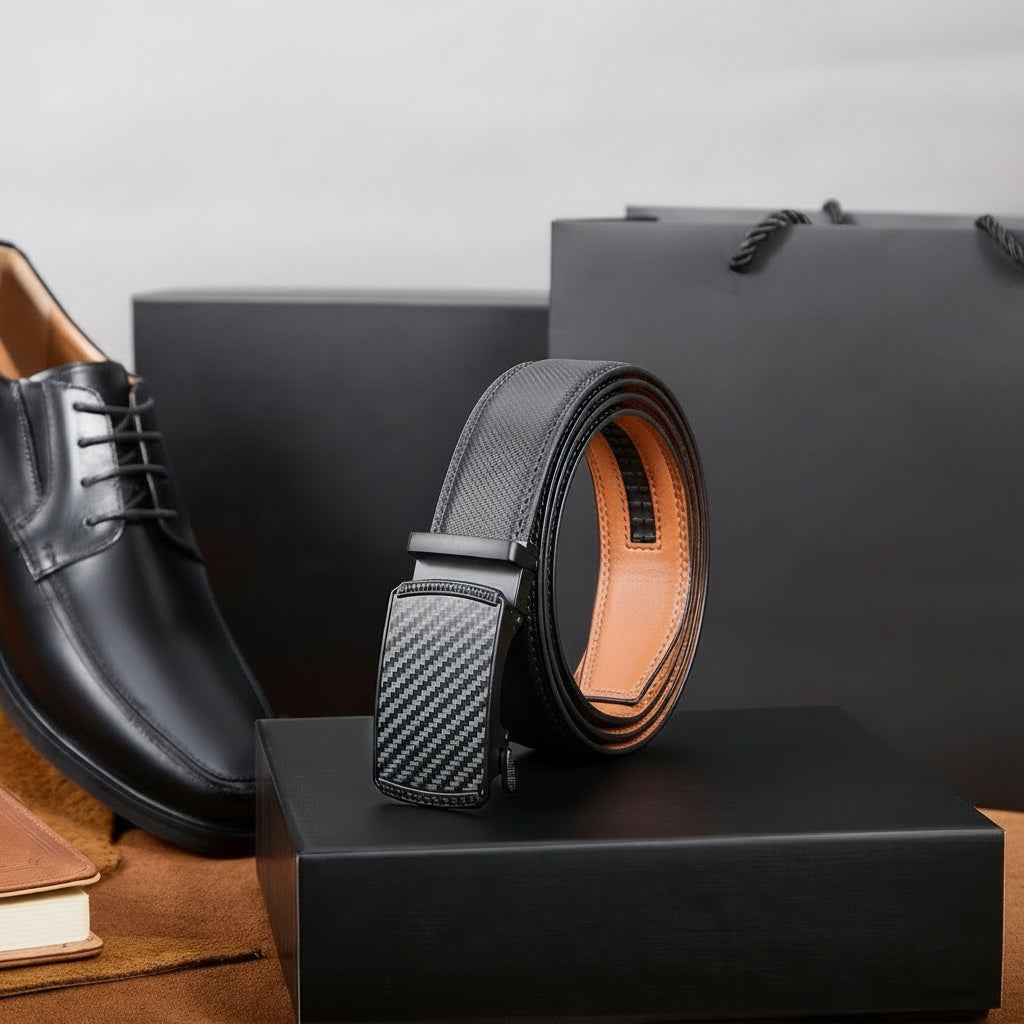 Men’s Leather Ratchet Belt – Adjustable Automatic Buckle Dress Belt with Gift Box, 35mm Premium Classic Accessory