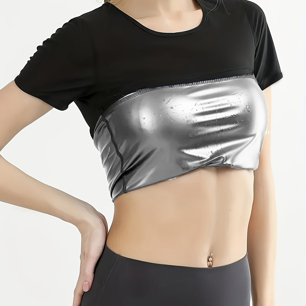 Women’s Short-Sleeved Sauna Workout T-Shirt – Stretchy Round-Neck Fitness Top for Weight-Loss Training & Daily Activewear