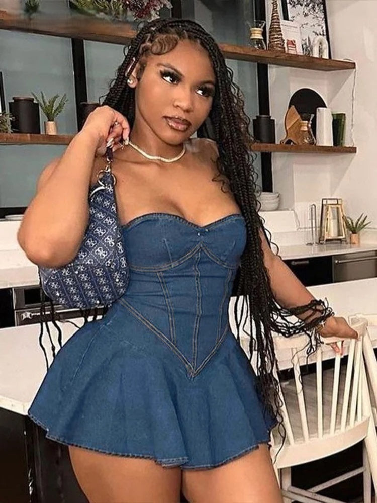 Nibber Pleated Denim Mini Dress – Sleeveless Chest Wrap Street Dress for Effortless Summer Cool Girl Aesthetic