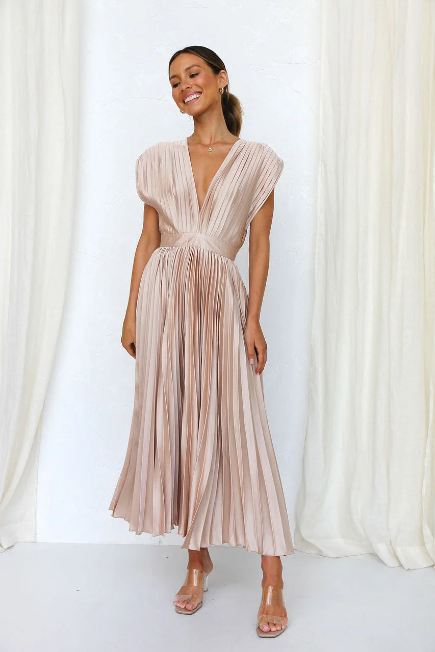 Women’s Sexy Pleated Summer Dress – Slimming French-Inspired V-Neck Long Dress with Zipper Closure, Flowy & Flattering Fit