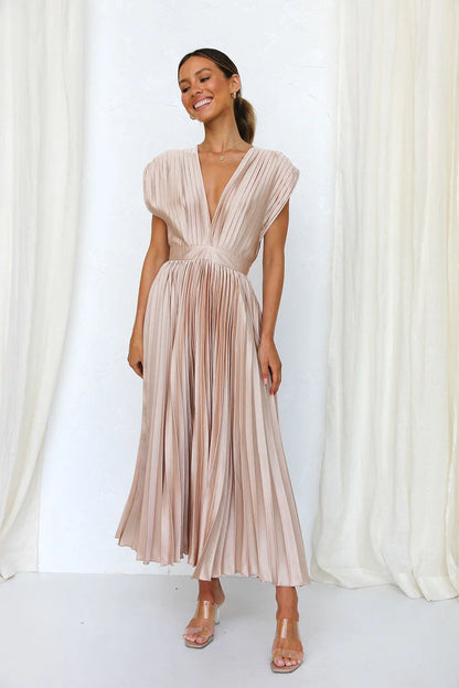 Women’s Sexy Pleated Summer Dress – Slimming French-Inspired V-Neck Long Dress with Zipper Closure, Flowy & Flattering Fit