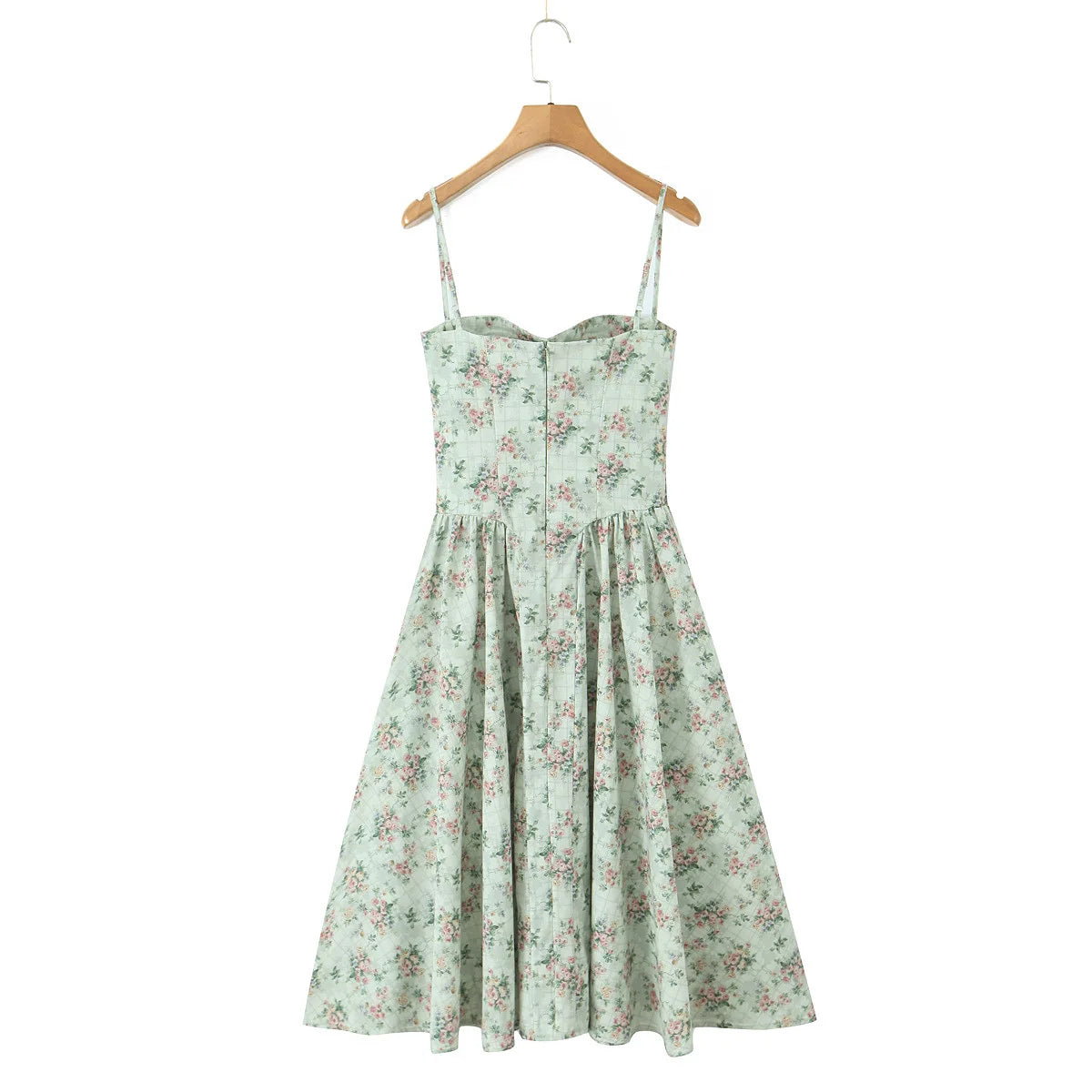 Green Floral Midi Dress – Sexy Low Waist Spaghetti Strap A-Line Summer Dress for Beach Holidays and 2025 Parties