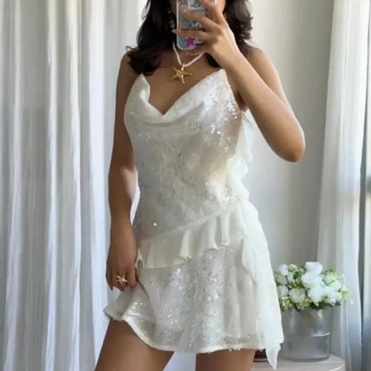 Women’s Tiered Sequin Cami Dress – Chic Backless Mini Dress for Fall Evening & Club Parties