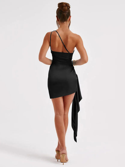 Satin One-Shoulder Mini Dress – Slanted Sleeve Slim Fit Stunner for Party & Evening Elegance