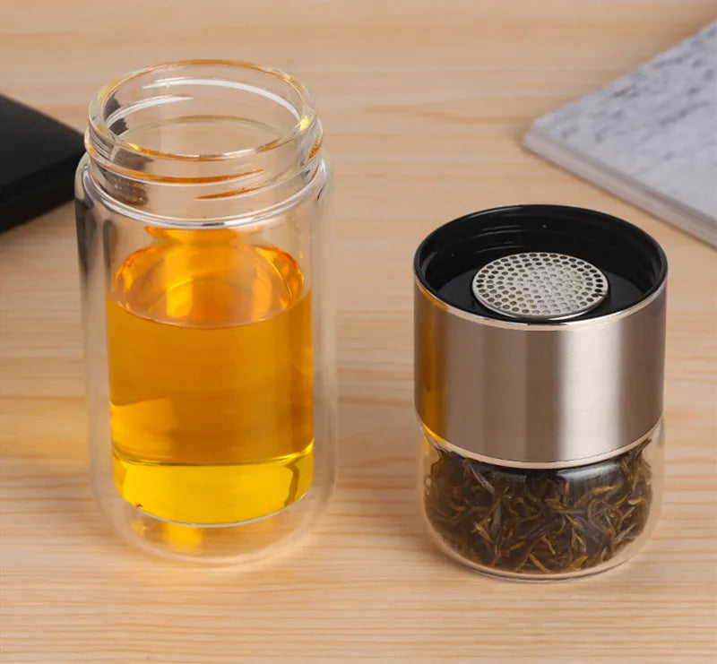 Double-Glazed Glass Water Bottle with Case – Eco-Friendly Tea Infuser Drinkware for Hot & Cold Beverages On the Go