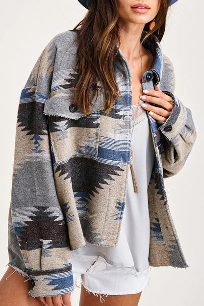 Vintage Aztec Denim Jacket with Collar – Wool Lined Loose Fit Long Sleeve Outerwear for Trendy Streetwear Vibes