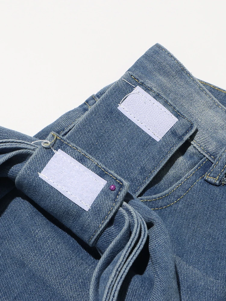 Wide Leg Patchwork Bow Jeans – High-Waist Straight Leg Denim with Feminine Streetwear Flair and Pocket Detailing