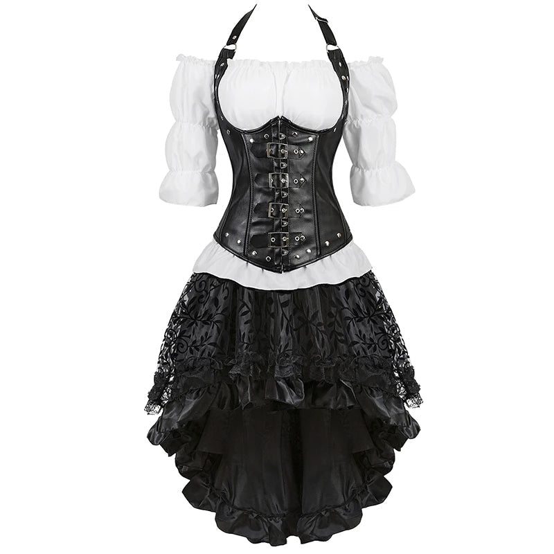 Women’s Pirate Corset Dress – Plus Size Brown Faux Leather Steampunk Costume with Off-Shoulder Blouse for Halloween Party Cosplay
