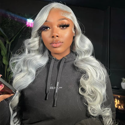 Silver Grey Lace Front Wig – 13 x 6 Pre-Plucked Human Hair Straight & Body Wave Blonde Wig for Women, Natural & Stylish Look