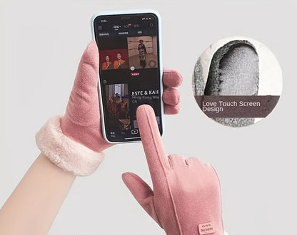 Women’s Plush Winter Gloves –  Pink Touch Screen Mittens with Full Finger Smart Design for Warm, Windproof, and Stylish Outdoor Wear