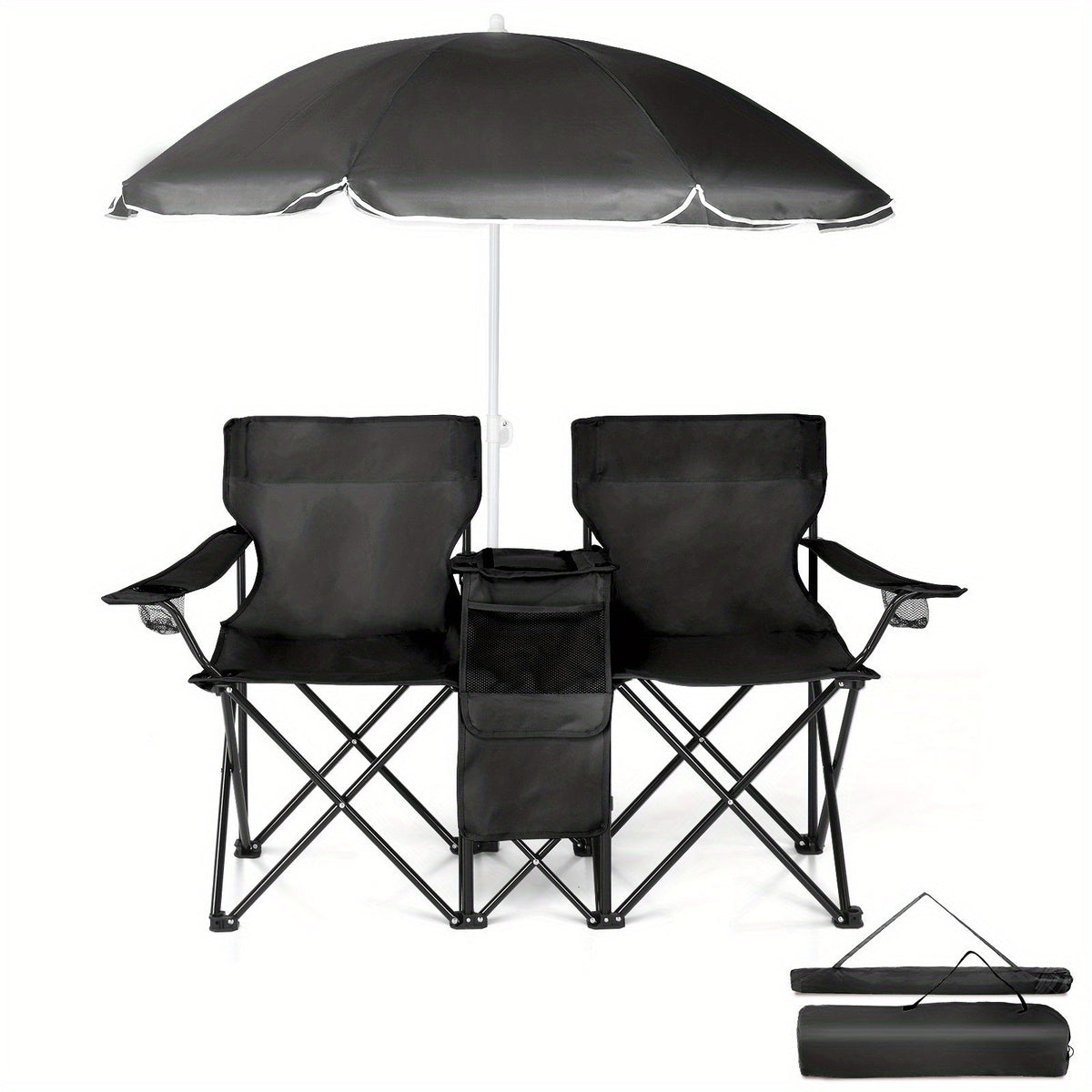 Two Seaters Beach Chair with Umbrella and Side Bag – Portable All-in-One Seat with Sunshade, Ultimate Comfort for Outdoor Adventures, Picnics, and Angler's Relaxation