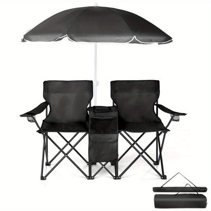 Two Seaters Beach Chair with Umbrella and Side Bag – Portable All-in-One Seat with Sunshade, Ultimate Comfort for Outdoor Adventures, Picnics, and Angler's Relaxation
