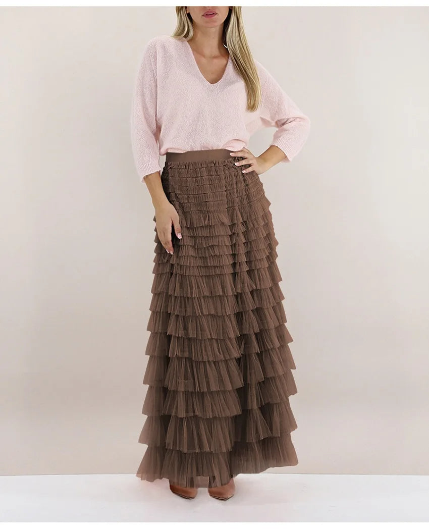 Layered High Waist Ruffles Pink Tulle Skirt – Vintage-Inspired Maxi Skirt for Romantic, Feminine Outfits Anytime