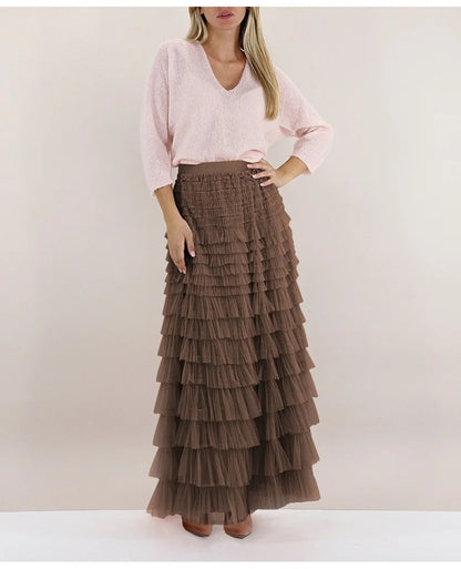 Layered High Waist Ruffles Pink Tulle Skirt – Vintage-Inspired Maxi Skirt for Romantic, Feminine Outfits Anytime