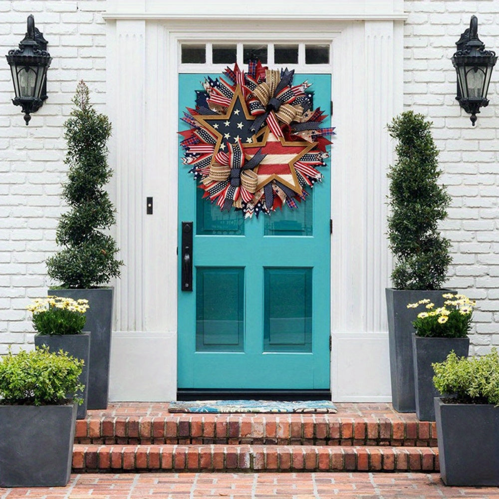 Fourth of July Patriotic Wreath – 17.7in Red White Blue Flag Garland for Front Door, Memorial Day Pride Wall Decor & Festive Independence Day Swag