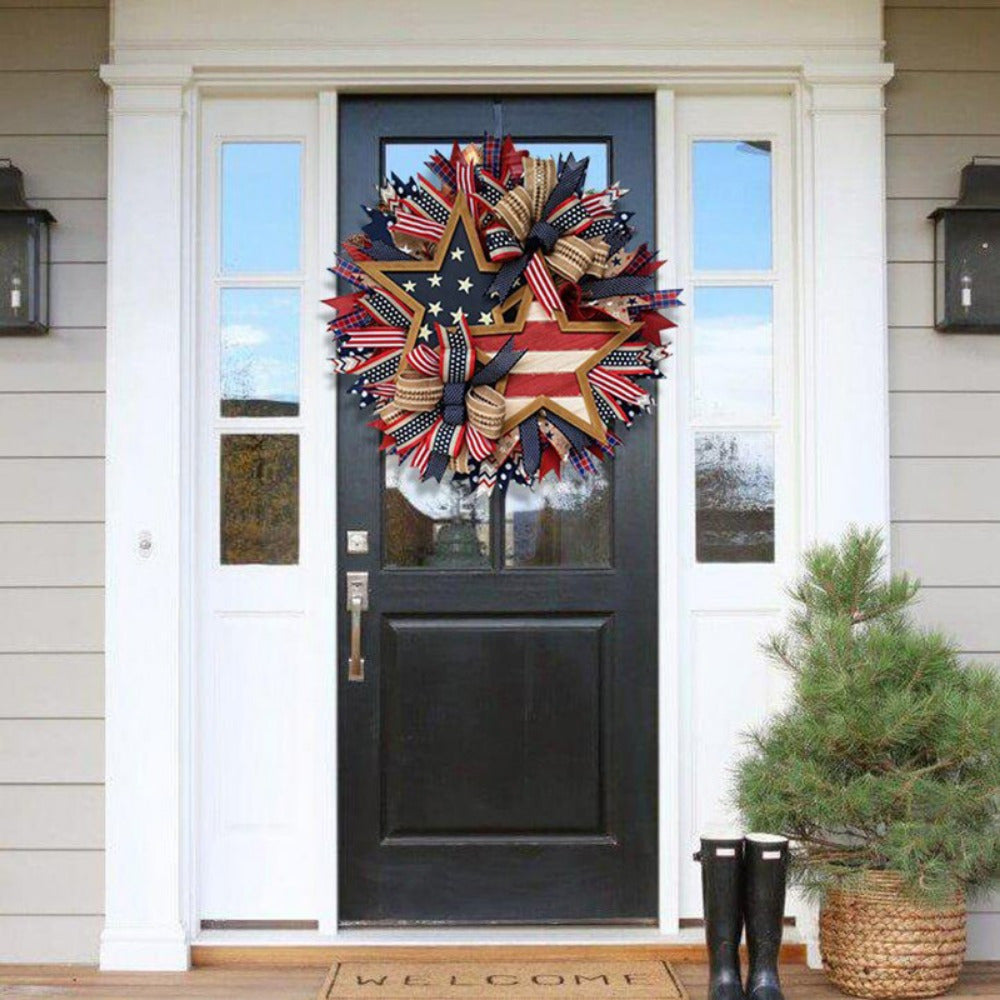 Fourth of July Patriotic Wreath – 17.7in Red White Blue Flag Garland for Front Door, Memorial Day Pride Wall Decor & Festive Independence Day Swag
