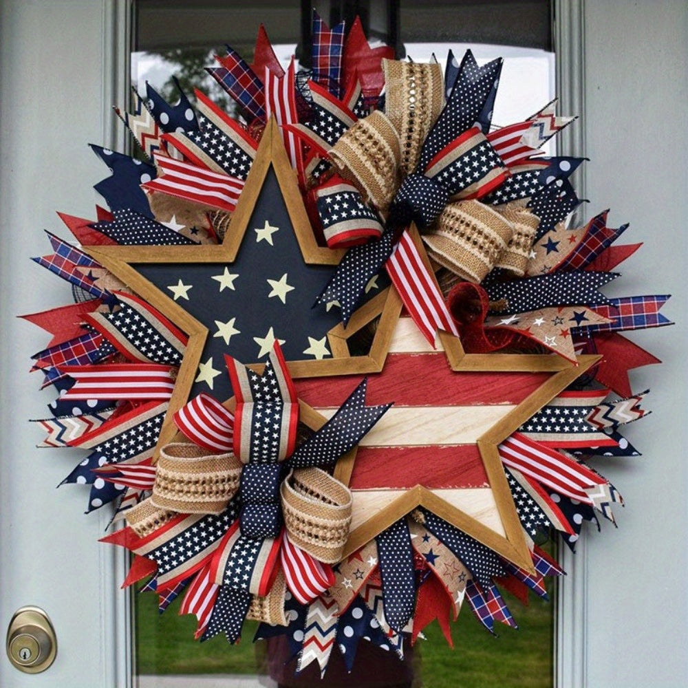 Fourth of July Patriotic Wreath – 17.7in Red White Blue Flag Garland for Front Door, Memorial Day Pride Wall Decor & Festive Independence Day Swag