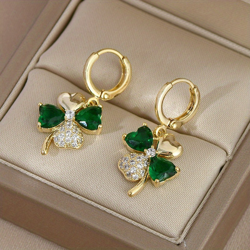 Lucky Clover Hoop Earrings – Boho Chic Rhinestone-Inlaid Alloy Statement Jewelry for Vintage Glam on St. Patrick’s Day