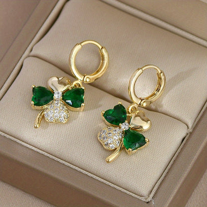 Lucky Clover Hoop Earrings – Boho Chic Rhinestone-Inlaid Alloy Statement Jewelry for Vintage Glam on St. Patrick’s Day