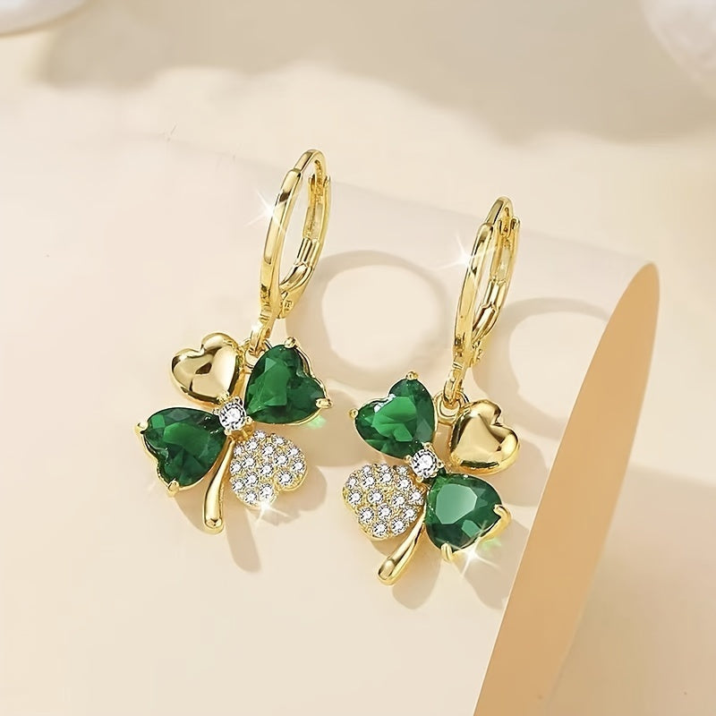 Lucky Clover Hoop Earrings – Boho Chic Rhinestone-Inlaid Alloy Statement Jewelry for Vintage Glam on St. Patrick’s Day