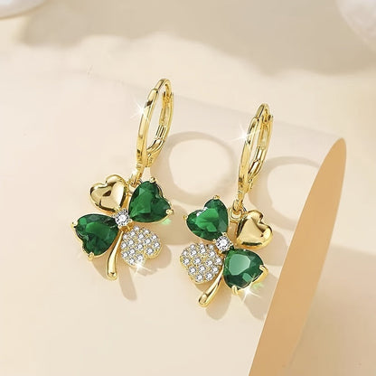 Lucky Clover Hoop Earrings – Boho Chic Rhinestone-Inlaid Alloy Statement Jewelry for Vintage Glam on St. Patrick’s Day