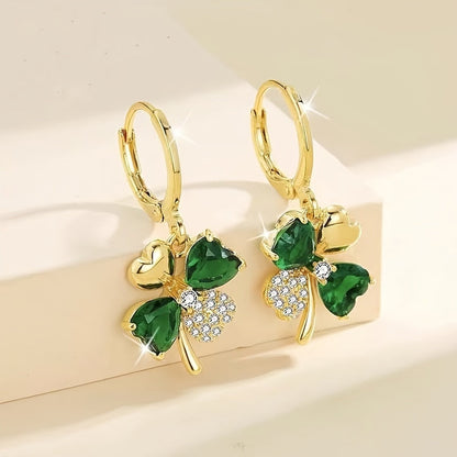 Lucky Clover Hoop Earrings – Boho Chic Rhinestone-Inlaid Alloy Statement Jewelry for Vintage Glam on St. Patrick’s Day