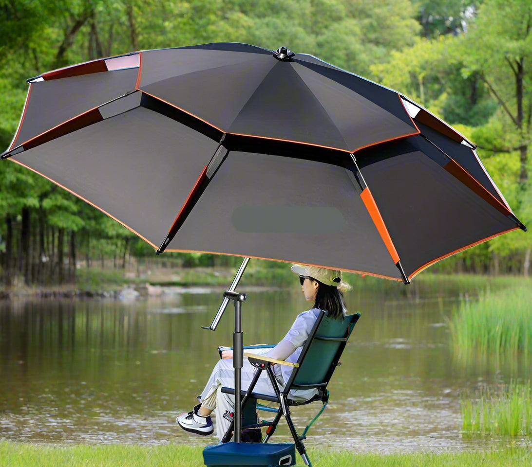 Large Anti-Wind Fishing Umbrella – Double-Deck Vented Canopy, 360° Adjustable UV-Blocking Sunshade with Ground Spike and Carry Bag for Fishing, Camping and Beach Days