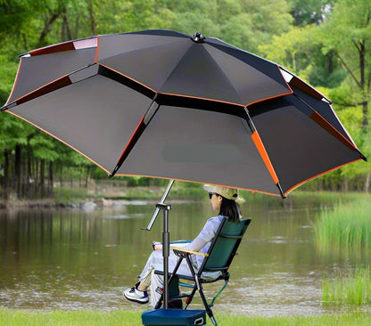 Large Anti-Wind Fishing Umbrella – Double-Deck Vented Canopy, 360° Adjustable UV-Blocking Sunshade with Ground Spike and Carry Bag for Fishing, Camping and Beach Days