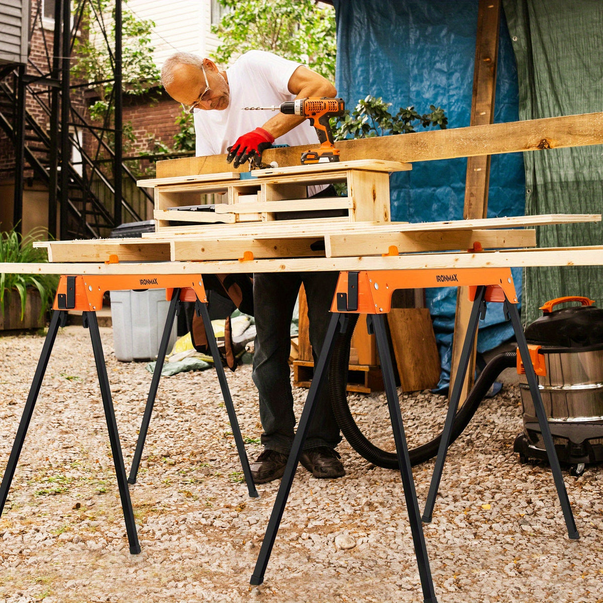 Heavy-Duty Folding Sawhorses - Portable 2-Pack Support Stands for Workshop Construction or Garage Use