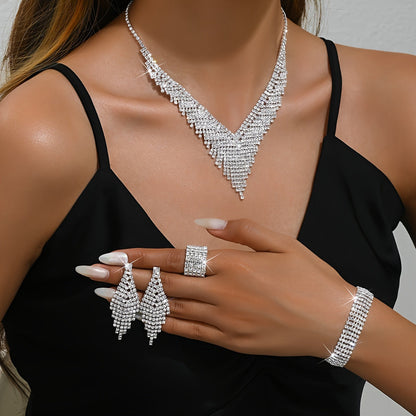 Rhinestone Women’s Jewelry Set – 4-Piece Bridal Necklace, Earrings, Ring and Bracelet for Weddings and Special Occasions