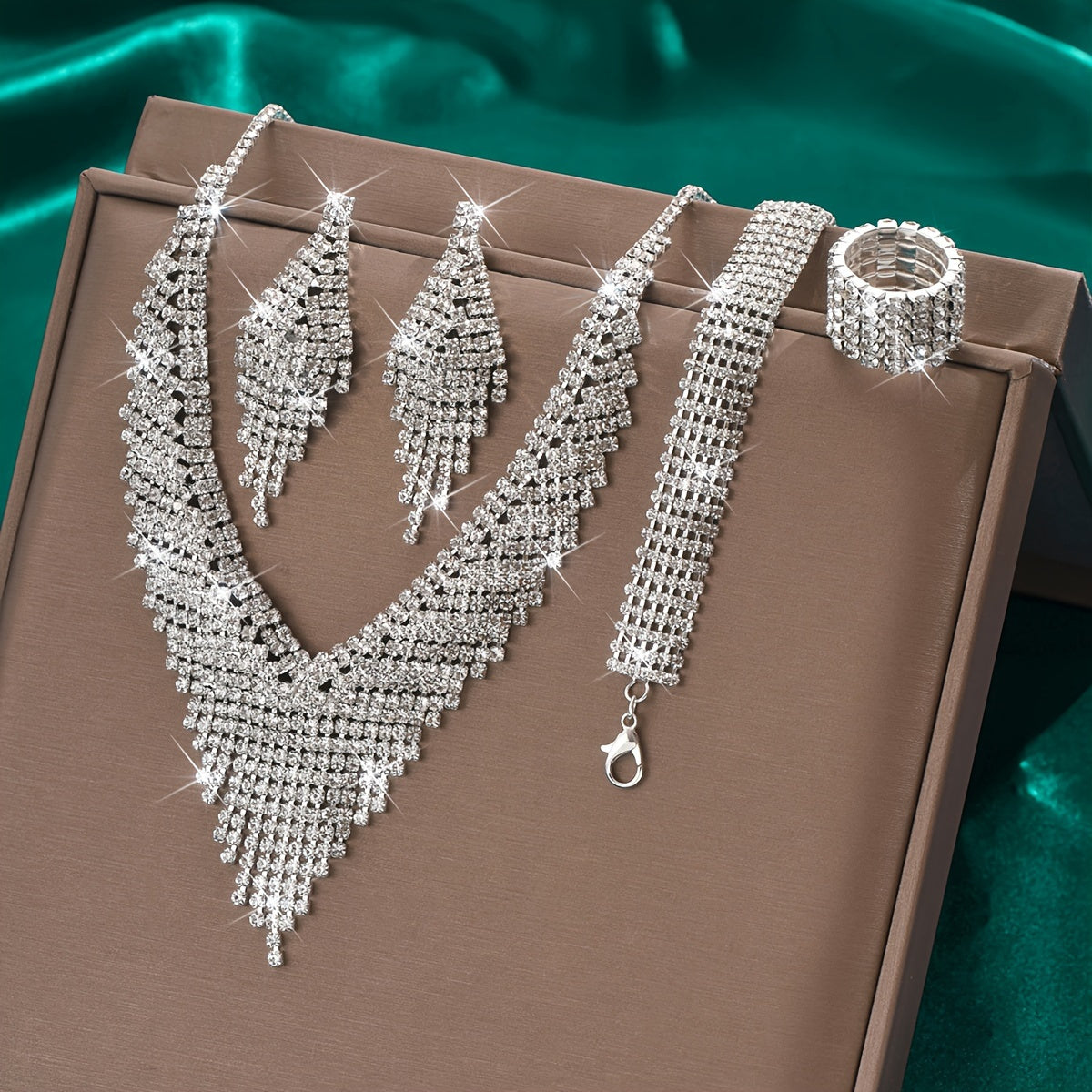 Rhinestone Women’s Jewelry Set – 4-Piece Bridal Necklace, Earrings, Ring and Bracelet for Weddings and Special Occasions