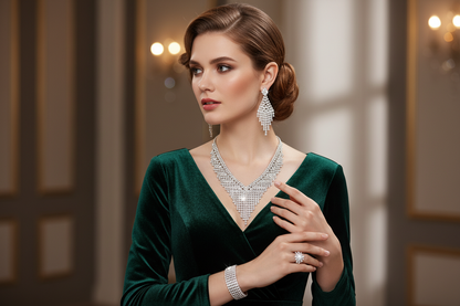 Rhinestone Women’s Jewelry Set – 4-Piece Bridal Necklace, Earrings, Ring and Bracelet for Weddings and Special Occasions