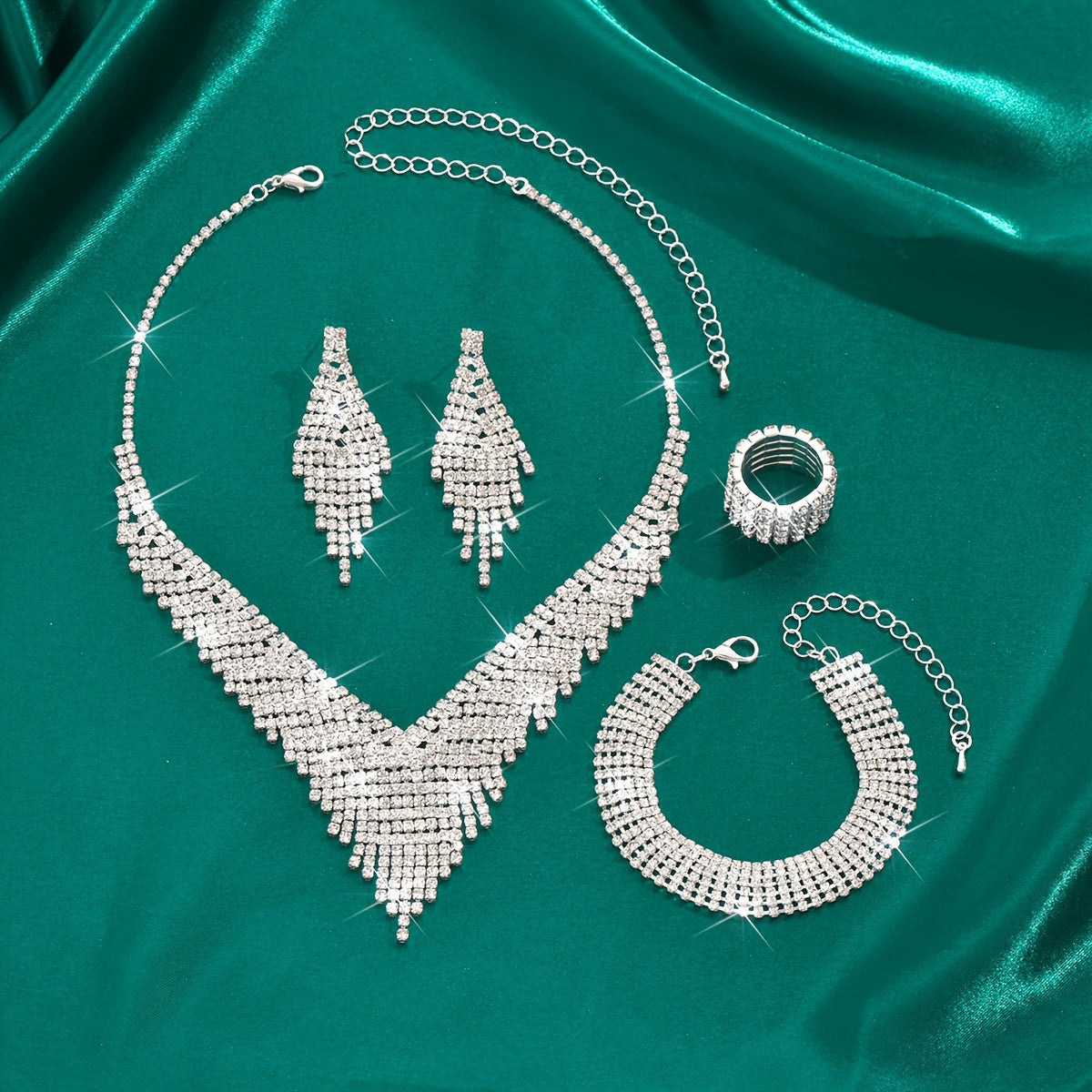 Rhinestone Women’s Jewelry Set – 4-Piece Bridal Necklace, Earrings, Ring and Bracelet for Weddings and Special Occasions