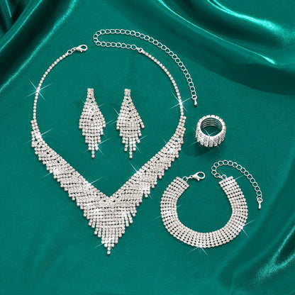 Rhinestone Women’s Jewelry Set – 4-Piece Bridal Necklace, Earrings, Ring and Bracelet for Weddings and Special Occasions