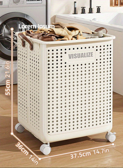 Foldable Laundry Basket with Wheels – Large PU Leather Hamper for Bathroom & Balcony Storage, Hand-Washable and Space-Saving Design