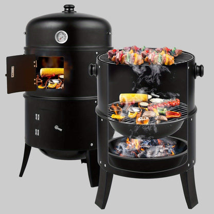 Portable Vertical Charcoal Smoker Grill – 3-Layer Outdoor BBQ Cooker with Large Cooking Capacity, Easy Heat Control, and Durable Black Construction for Camping and Picnics
