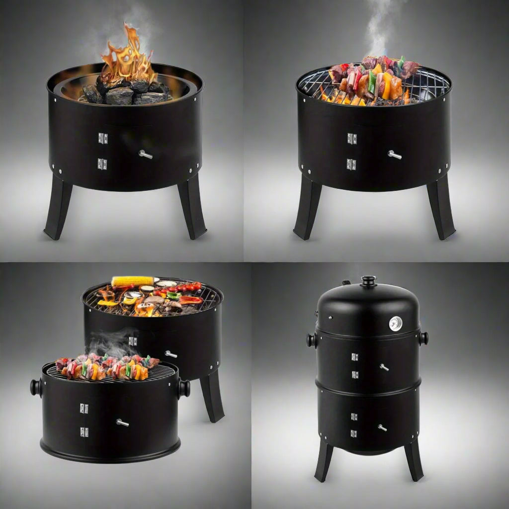 Portable Vertical Charcoal Smoker Grill – 3-Layer Outdoor BBQ Cooker with Large Cooking Capacity, Easy Heat Control, and Durable Black Construction for Camping and Picnics