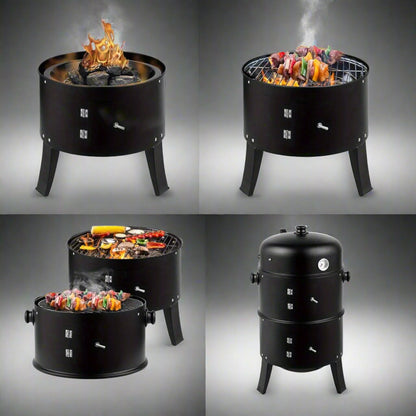 Portable Vertical Charcoal Smoker Grill – 3-Layer Outdoor BBQ Cooker with Large Cooking Capacity, Easy Heat Control, and Durable Black Construction for Camping and Picnics